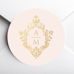 Sticker Rond Blason Vintage Rose Or Monogramme Élégant de Maria