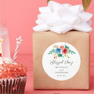 Sticker Rond Blessed Day Pink Blue Floral Mariage d'aquarelle