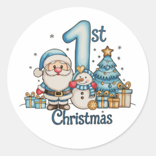 Sticker Rond Bleu 1er Noël Santa Bonhomme de Neige Xmas Bébé Ga