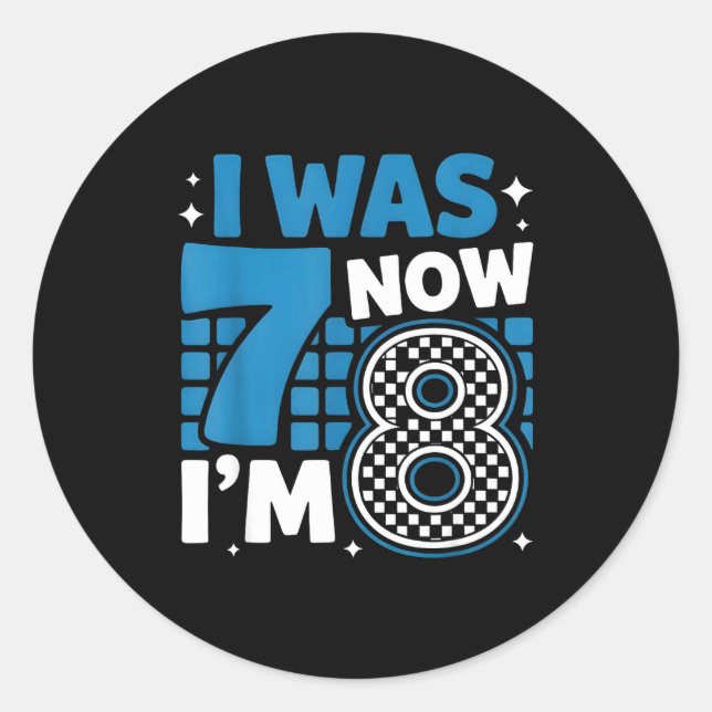 Sticker Rond Bleu à carreaux j'avais 7 ans maintenant j'ai 8 an (Devant)