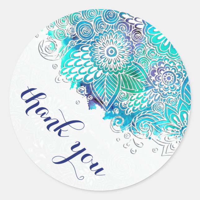 Sticker Rond Bleu apaisant et Turquoise Merci Mandala (Devant)