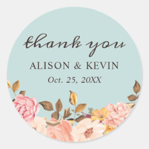 Sticker Rond Bleu Aqua Poussiéreux avec Fleur de Cerisier Merci