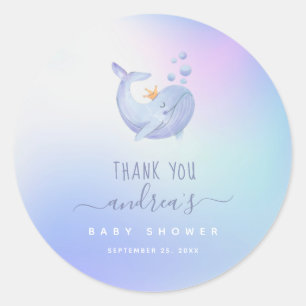 Sticker Rond Bleu Aquarelle Baleine Merci Océan Baby shower