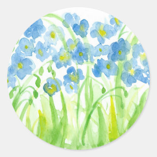 Sticker Rond Bleu Aquarelle Fleur Jardin Pastel