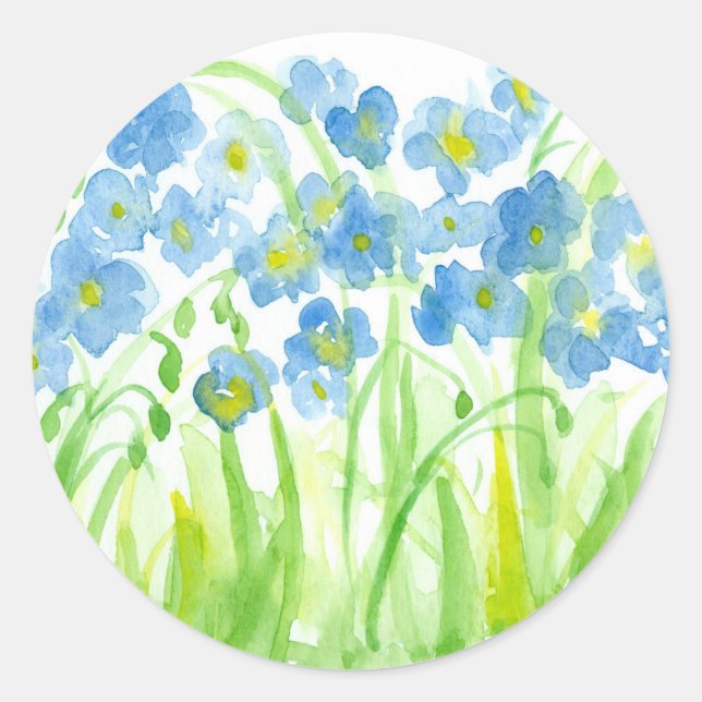 Sticker Rond Bleu Aquarelle Fleur Jardin Pastel (Devant)