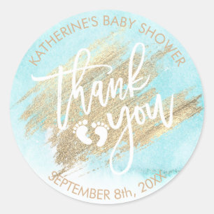 Sticker Rond Bleu Aquarelle Or Brush Baby shower