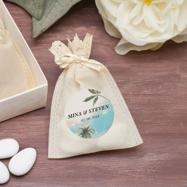 Sticker Rond Bleu aquarelle tropicale plage or mariage (Créateur téléchargé)