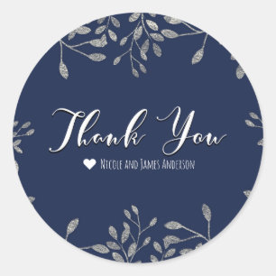 Sticker Rond Bleu & Argent Botanique Moderne Mariage Favoriser