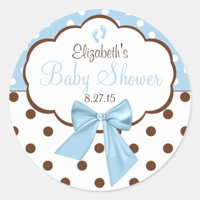 Sticker Rond Bleu Avec Baby shower Pois Brown (Devant)