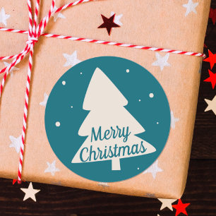 Sticker Rond Bleu avec pin blanc et flocon de neige arbre de No