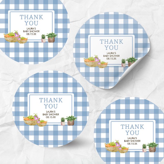 Sticker Rond Bleu Baby shower des fermiers cultivés localement (Blue Farmers Market Locally Grown Baby Shower Round Sticker)