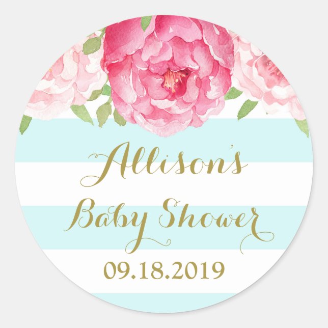 Sticker Rond Bleu Baby shower floral rose Favoriser Balise (Devant)