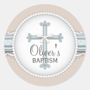 Sticker Rond Bleu bébé   Croix de célébration religieuse beige