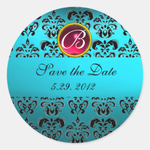 Sticker Rond BLEU BLACK DAMASK MONOGRAM, rouge rubis turquase