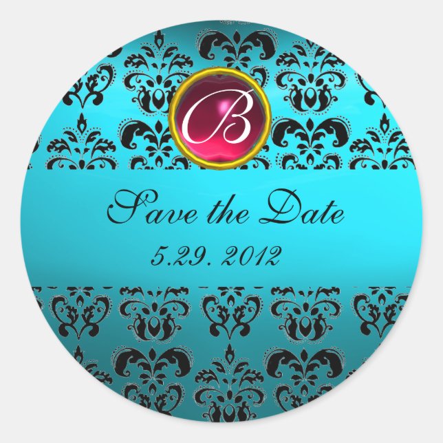 Sticker Rond BLEU BLACK DAMASK MONOGRAM, rouge rubis turquase (Devant)