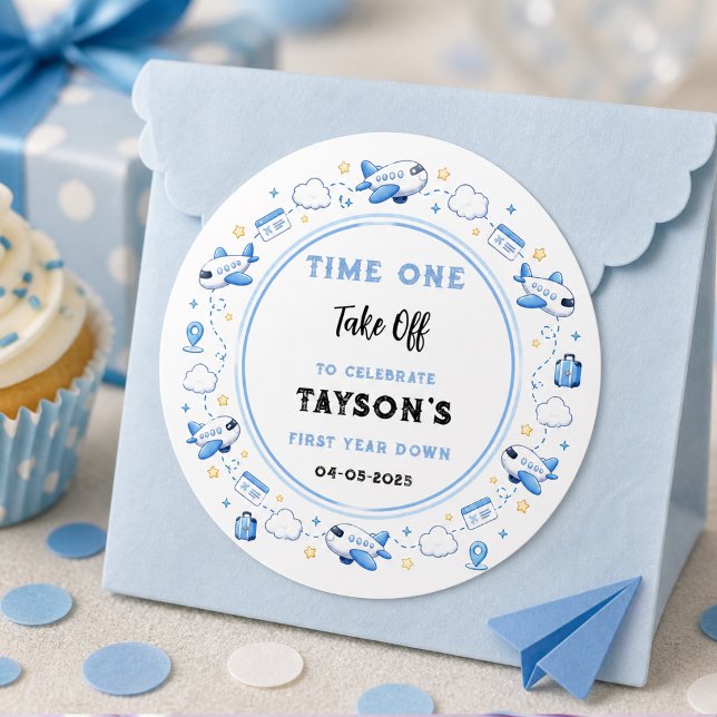 Sticker Rond Bleu Blanc Avion 1er Anniversaire Première Décolla (Blue White Plane 1st Birthday Time One Take Off Classic Round Sticker
)