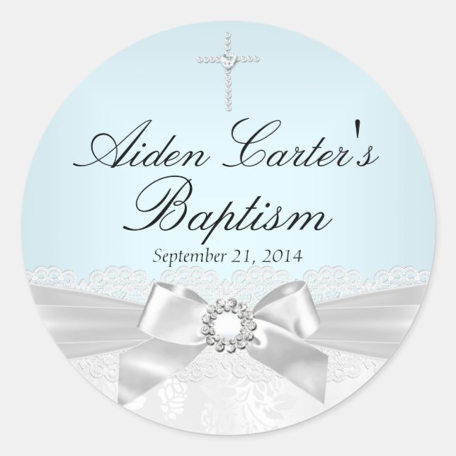 Sticker Rond Bleu blanc dentelle et croix Baptère (Devant)