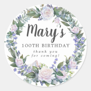 Sticker Rond Bleu Blanc Floral 100e Anniversaire Merci