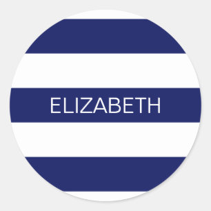 Sticker Rond Bleu blanc Horiz Preppy Stripe #3 Monogramme