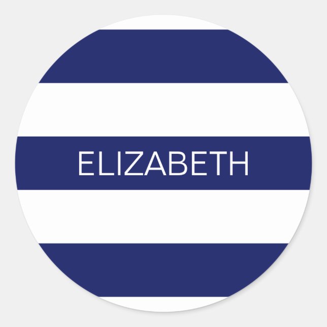Sticker Rond Bleu blanc Horiz Preppy Stripe #3 Monogramme (Devant)