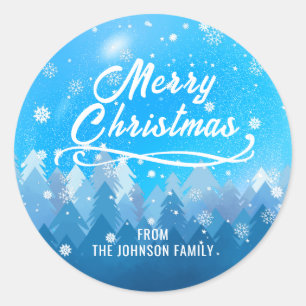Sticker Rond Bleu Blanc Neige Forêt Paisible Joyeux Noël