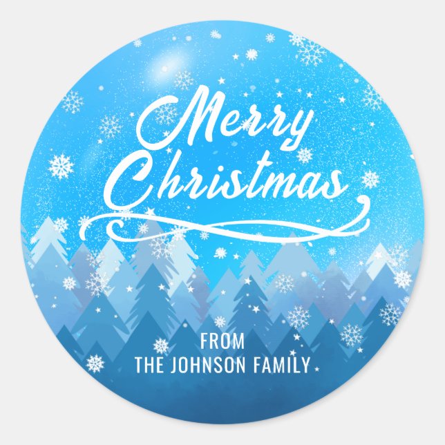 Sticker Rond Bleu Blanc Neige Forêt Paisible Joyeux Noël (Devant)