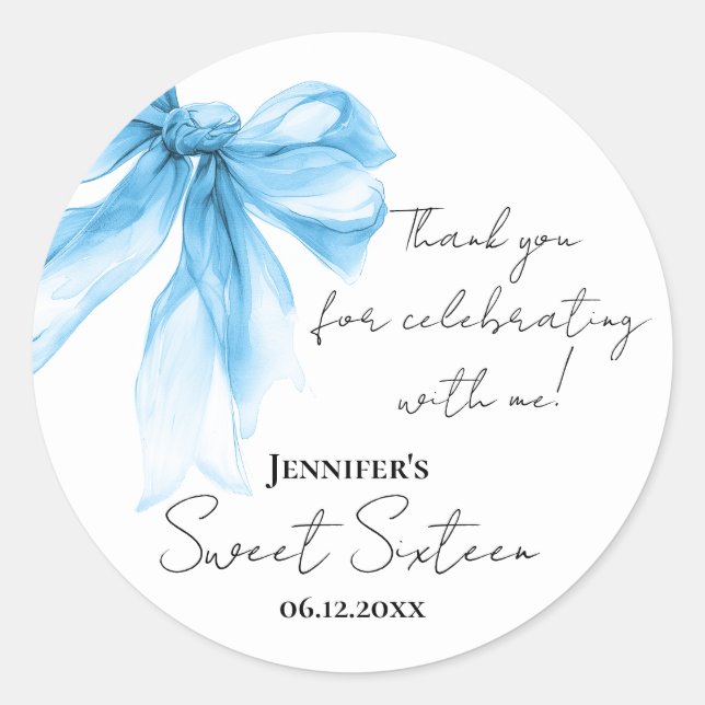 Sticker Rond Bleu Bow Coquette Script Sweet 16 Merci  (Devant)