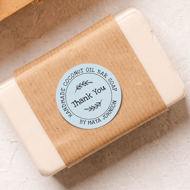 Sticker Rond Bleu Campagnard Artisanal Merci (Country Blue Handmade Thank You Classic Round Sticker)