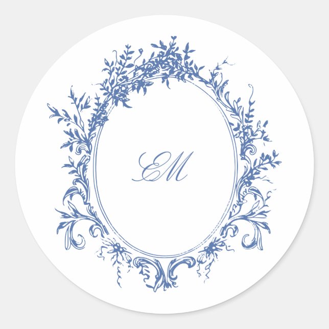 Sticker Rond Bleu Chinoiserie Monogram Crest Logo Mariage (Devant)