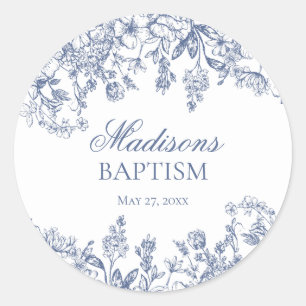 Sticker Rond Bleu Chinoiserie Vintage Floral Baptême Enveloppe