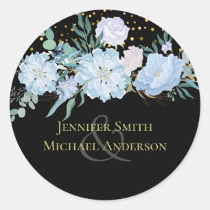 Sticker Rond Bleu clair Floral Noir Moderne Budget Mariage