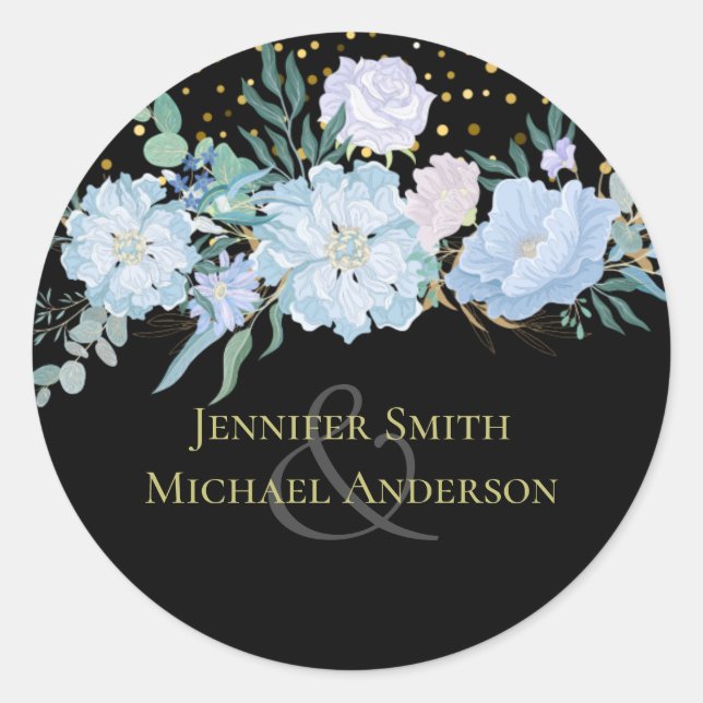 Sticker Rond Bleu clair Floral Noir Moderne Budget Mariage (Devant)
