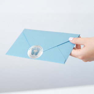 Sticker Rond Bleu Coeur Pieds Baby shower Favoriser Merci gris