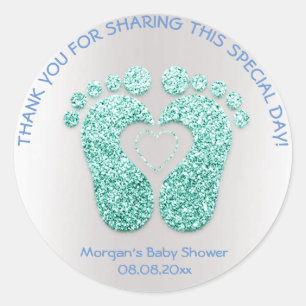 Sticker Rond Bleu Coeur Pieds Baby shower Favoriser Mint Boy Re