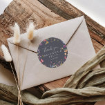 Sticker Rond Bleu coloré Fleur Merci Floral Mariage Favoriser<br><div class="desc">Ce coloré bleu sauvage floral merci mariage faveur classique collant rond est parfait pour un mariage rustique. Le design présente des fleurs sauvages jaunes, violettes et blanches avec du feuillage dans un arrière - plan rose et vert aquarelle. Faites de l'autocollant votre propre étiquette en incluant vos noms, l'événement (s'il...</div>