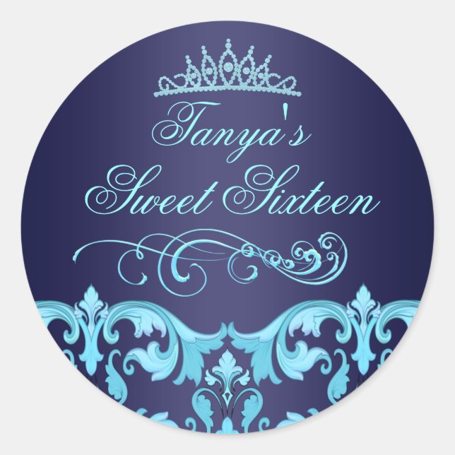Sticker Rond Bleu Damas & Tiara Sweet 16 Enveloppe Sticker/scea (Devant)