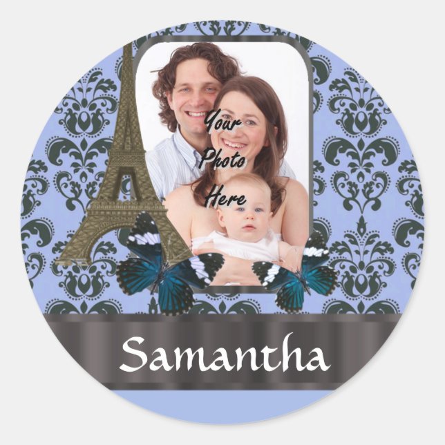 Sticker Rond Bleu damassé Paris collage (Devant)