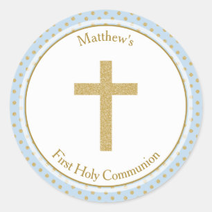 Sticker Rond Bleu de communion avec Pois d'or