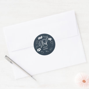 Sticker Rond Bleu de la Marine Quirky Doodle Parti de graduatio