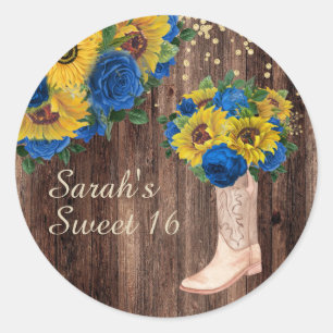 Sticker Rond Bleu de tournesol rustique Bottes Roses doux 16