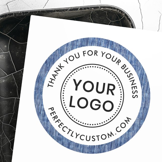 Sticker Rond Bleu denim frontière entreprise merci (Blue denim border business thank you classic round sticker)