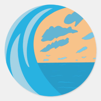 Sticker Rond Bleu des vagues océaniques nuages orange ciel