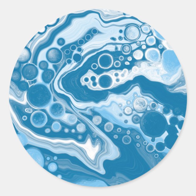 Sticker Rond Bleu Digital Fluid Art Marbre Pour Peinture Cellul (Devant)