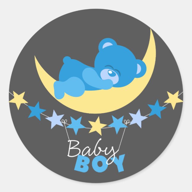 Sticker Rond Bleu Dormir Garçon Teddy Ours Sur Baby shower Lune (Devant)