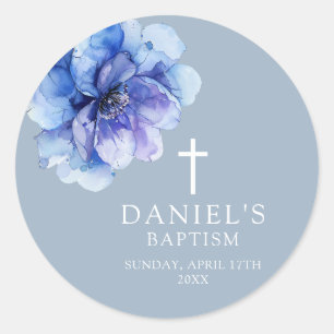 Sticker Rond Bleu Dusty Elegant Aquarelle Baptême Floral