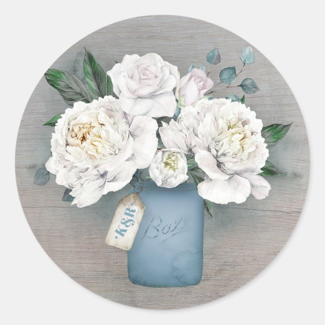 Sticker Rond Bleu Dusty Peint Mason Jar et Fleurs blanches (Devant)