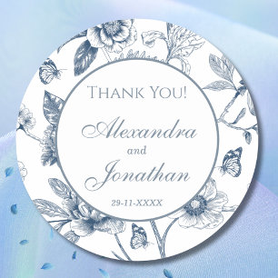 Sticker Rond Bleu Dusty Vintage Floral Mariage français Merci