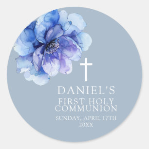 Sticker Rond Bleu Elegant Aquarelle Floral Sainte Communion