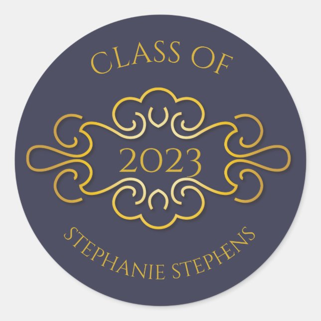 Sticker Rond Bleu élégant | Gold Flourish Class of 2023 Nom (Devant)