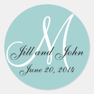 Sticker Rond Bleu Enregistrer la date Mariage Monogramme Étique